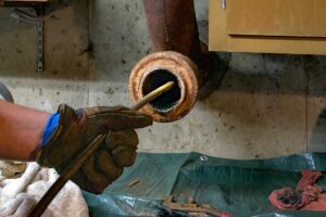 A person pouring cooled grease from a frying pan into a container lined with foil next to a kitchen sink.